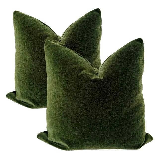 Plush Forest Green Down Filled Mohair Pillows - A Pair For Sale