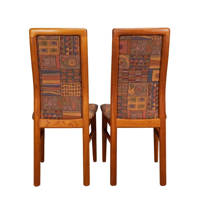 Pair Vintage Danish Teak Side Accent Chairs – Schou Andersen Denmark – Funky 80s Upholstery For Sale - Image 11 of 12