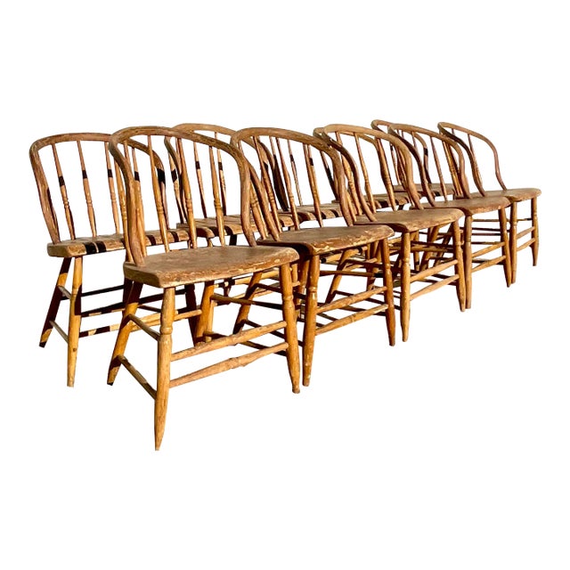 Vintage Boho Late 19th Century Windsor Style Farm House Dining Chairs - Set of 10 For Sale