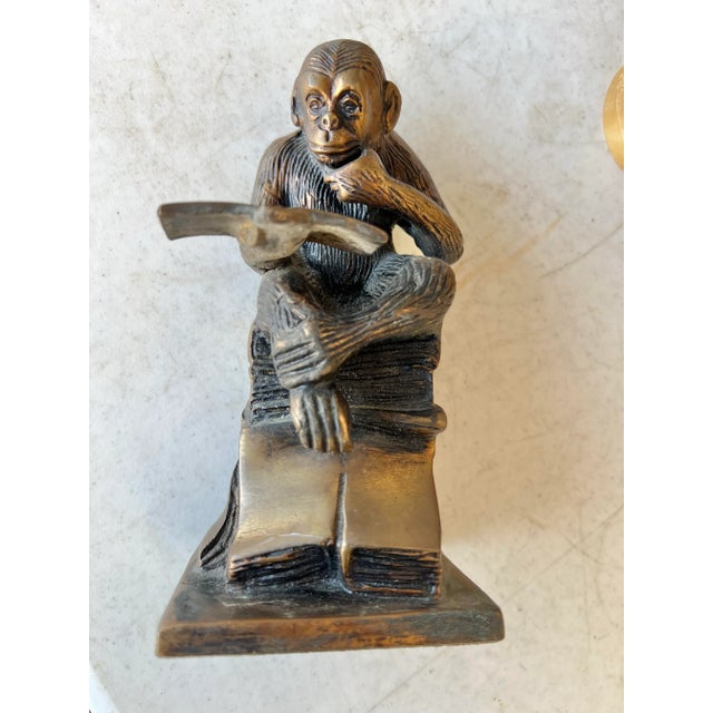 Vintage Brass Cast Chimpanzee Reading Book Bookend For Sale - Image 4 of 5