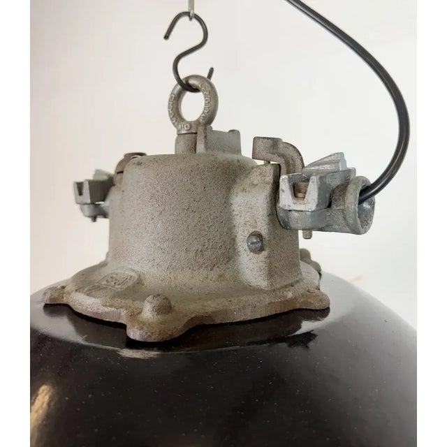 Glass Industrial Black Enamel and Cast Iron Cage Pendant Light, 1960s For Sale - Image 7 of 18