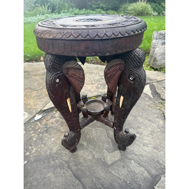 Antique Anglo-Indian Hand-Carved Elephant Side Table With Bone Inlay For Sale - Image 14 of 18