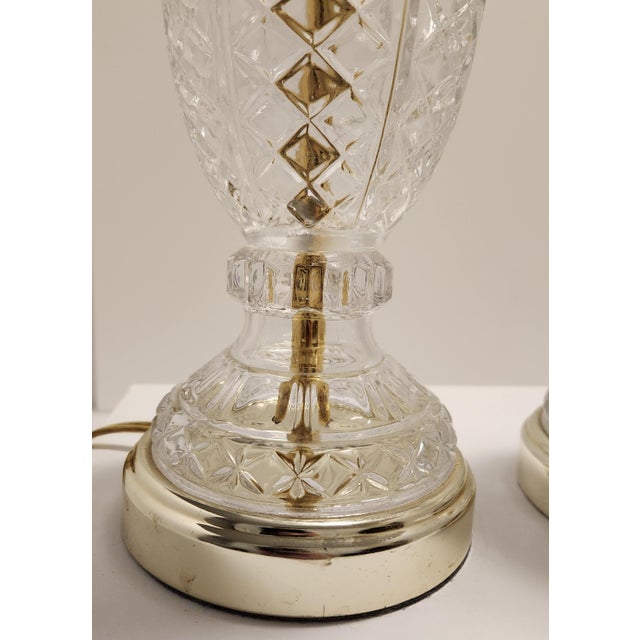 Mid 20th Century Hollywood Regency Small Cut Crystal Glass & Brass Buffet Lamps - A Pair For Sale - Image 4 of 7