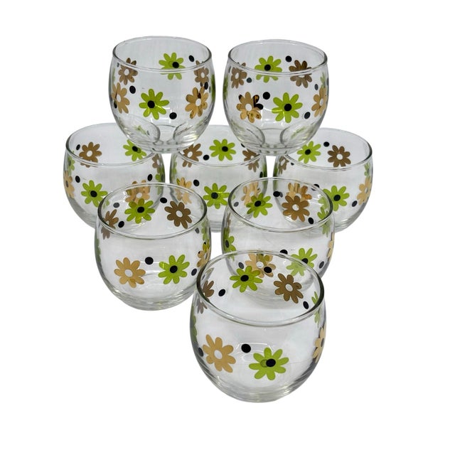 Elegance by Anchor Hocking glassware Diasy Roly Poly low tumblers 8 ounce glasses Retro daisy gold and green glassware....
