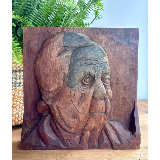 Vintage Hand-Carved Wood Relief Portrait Sculpture – Signed Folk Art Wall Hanging For Sale - Image 9 of 11