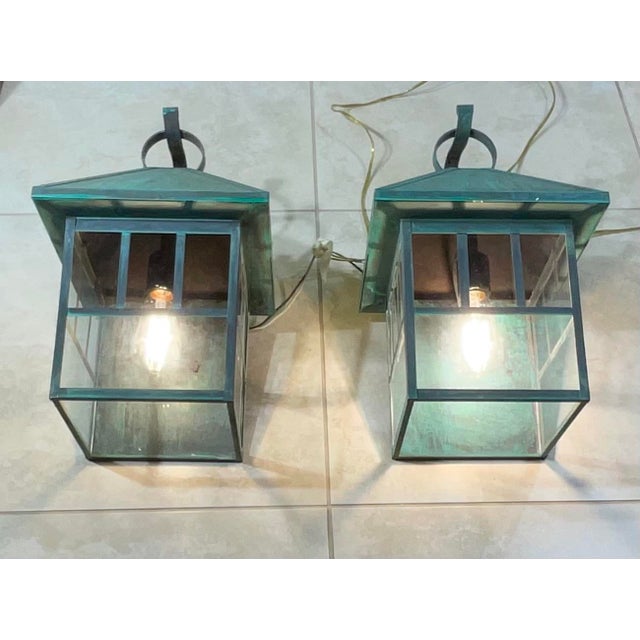 Pair of Vintage Solid Brass Outdoor Lanterns – Arts & Crafts Mission Style For Sale - Image 9 of 13