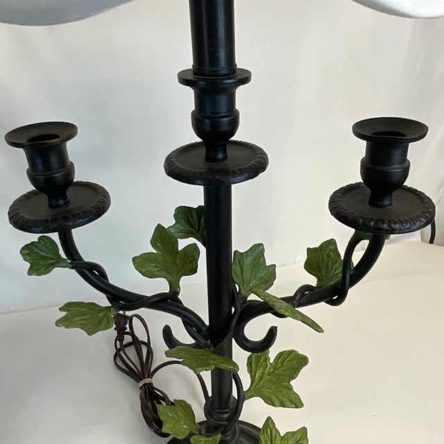 1985 Vintage Maitland-Smith French Bouillotte Style Cast Iron Table Lamp With Leaves - A Pair, Attributed, Artist Signed For Sale - Image 10 of 12