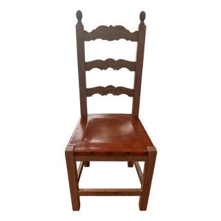 Set of 8 Spanish Colonial Revival Ladder-Back Dining Chairs, Distressed Wood & Cognac Leather For Sale