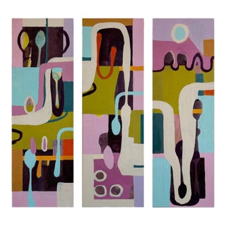 Christiane Corcelle "Dance of Spoons" Mixed Media on Canvas, Triptych Abstract Painting in Pink, Olive and Aqua, 2023 For Sale