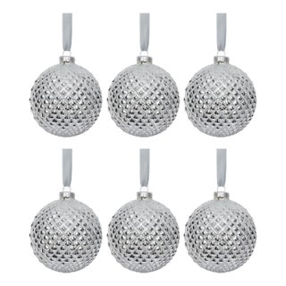Metallic Shiny Silver Ball Ornaments, Set of 6, 4" For Sale