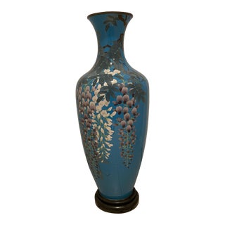 Vintage Large Japanese Hand-Painted Cloisonné Vase With Wood Base For Sale