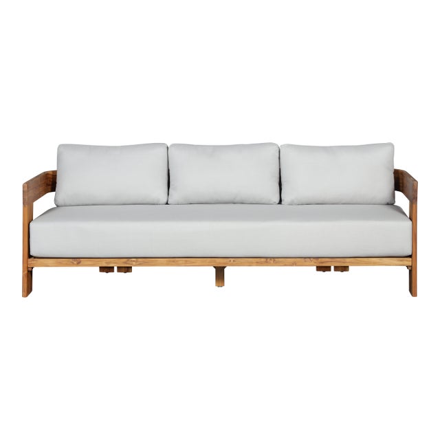 Paradiso Outdoor Solid Teak Wood Sofa - Light Gray Fabric For Sale