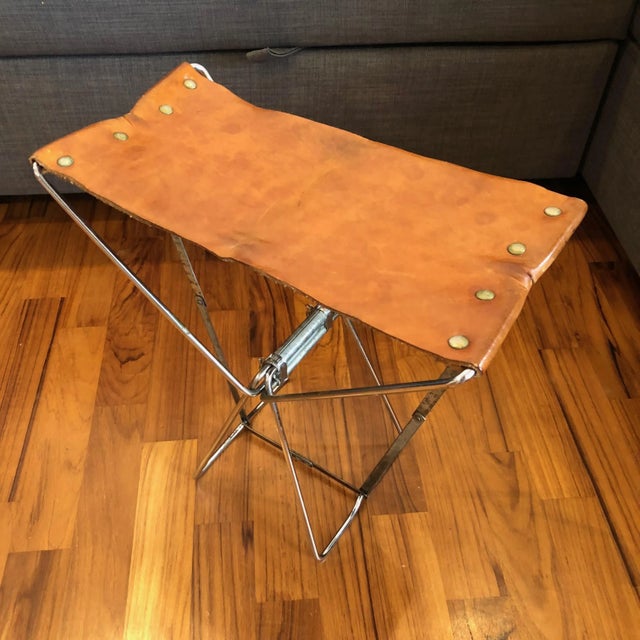 Little Industrial Brown Leather & Metal Folding Portable Stool For Sale - Image 4 of 9