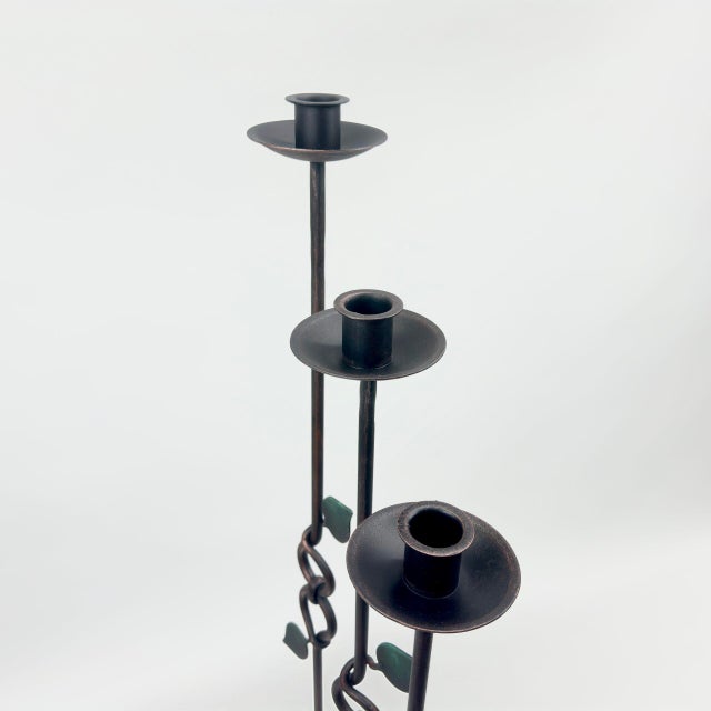 Hand Forged Iron Candelabra Set of 3 (91-111cm) Antique Copper Finish Floor Standing Sculpted Twist & Leaf Node Estate Set For Sale - Image 4 of 6