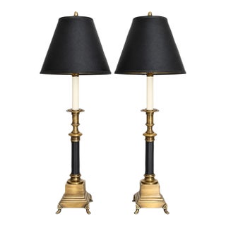 Late 20th Century Classic Aged Brass and Black Candlestick Lamps With Paw Feet and Black Parchment Shades - Pair For Sale
