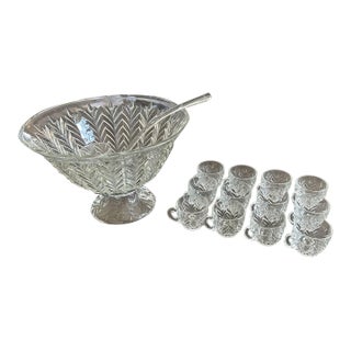 Vintage Jeannette Feathered Glass Punch Bowl With Base, 12 Punch Cups, and Ladle For Sale
