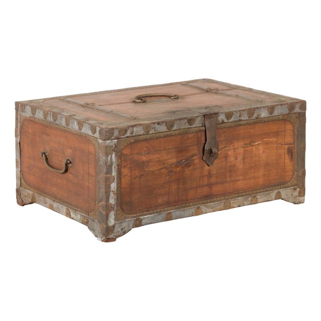 19th Century Indian Wooden Box with Brass Details and Distressed Patina For Sale