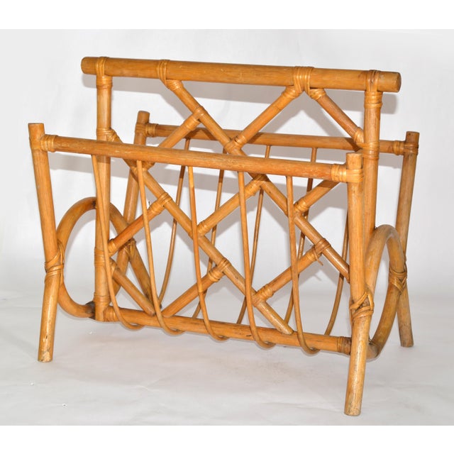 1970s Vintage Boho Chic Bend Bamboo Caning Handwoven Magazine Rack Newspaper Stand For Sale - Image 5 of 16