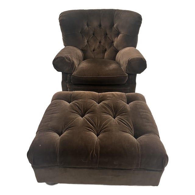 Ralph Lauren Wingback Club “Writer’s” Chair With Ottoman — Chocolate Brown Velvet For Sale