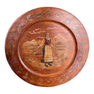 Vintage Norwegian Hand-Painted Decorative Wooden Plate Depicting Folk Woman Scene, Signed "Norge" For Sale