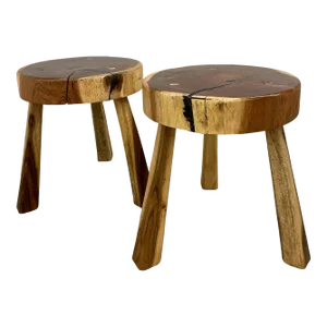 Pair Mid-Century Modern Nakashima Style Organic Wooden Two Stools / Side Tables