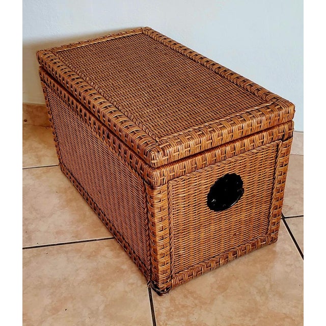 Sturdy Chest, Wood Interior W Rattan Exterior, Bronze Handles For Sale - Image 4 of 12