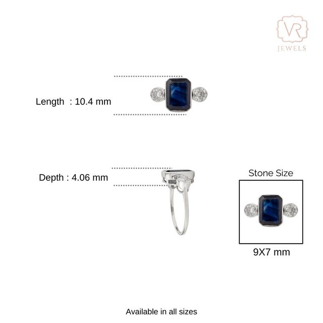 Art Deco Style Natural 3.33 Ct Blue Sapphire & Diamond 18k Gold Three-Stone Ring Size 6.5 For Sale - Image 9 of 14