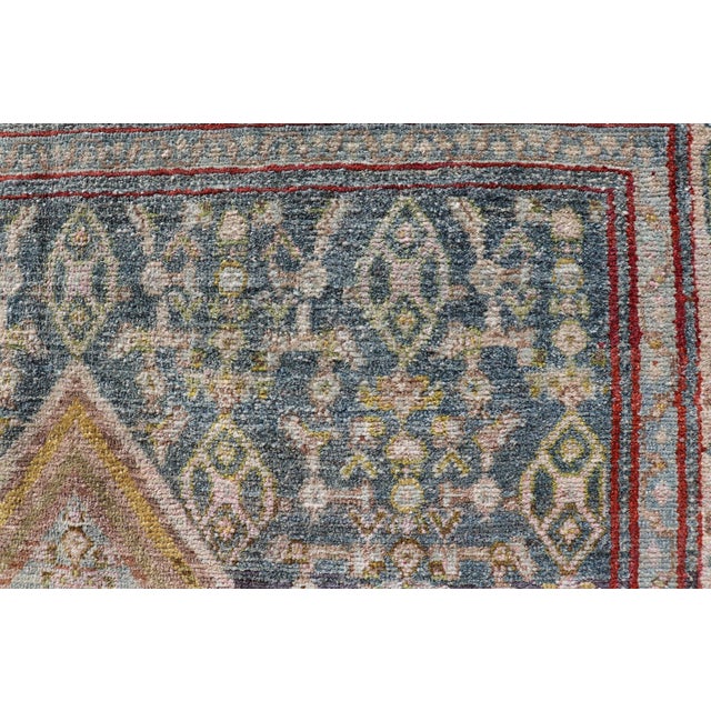 Textile Antique Persian Senneh Rug With Soft Blue Field and Geometric Medallion For Sale - Image 7 of 13