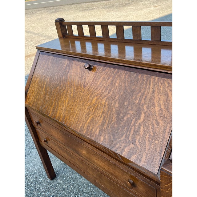 Brown Early 20th Century Tiger Oak Mission Arts and Craft Style Slant Front Desk For Sale - Image 8 of 11