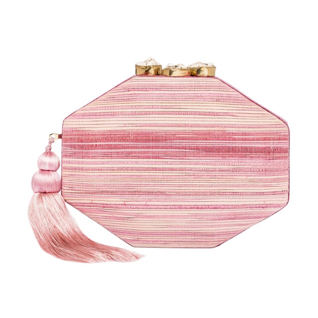 Octagon clutch in pink lupis with tonal snakeskin trim, ivory howlite stone closures, tonal tassel and drop in gold chain.