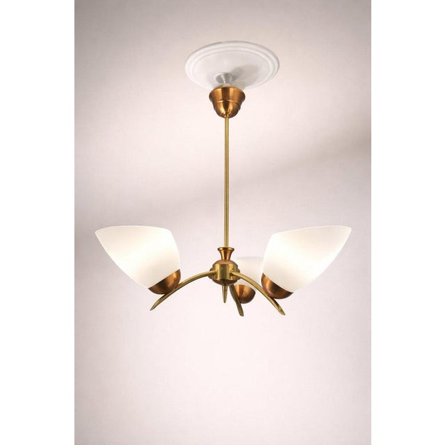 1950s Mid-Century Swedish Brass and Copper Chandelier with Opaline Glass, 1950s For Sale - Image 5 of 9