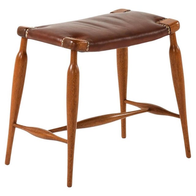 Metal Stool in Mahogany, Brass and Leather attributed to Josef Frank, 1950s For Sale - Image 7 of 7