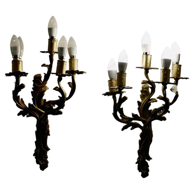 Large French Brass 5 Branch Wall Lights, 1960s, Set of 2 For Sale