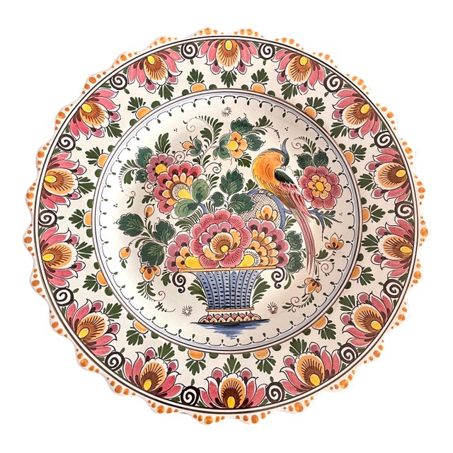 Vintage Hand Painted Delft Polychrome Scalloped Wall Plate For Sale