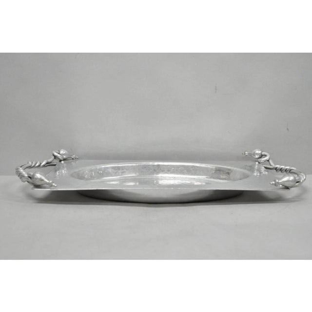Vintage Buenilum Art Nouveau Style Hand Hammered Aluminum Deep Dish Serving Tray w Braided Tulip Handles. Circa Mid 20th...