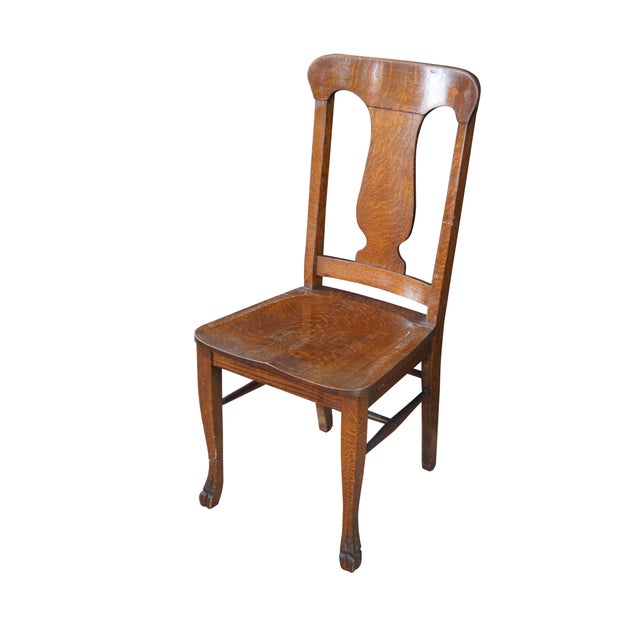 Arts & Crafts Antique Arts & Crafts Quartersawn Oak Saddle Seat Desk Side Chair Paw Foot For Sale - Image 3 of 12