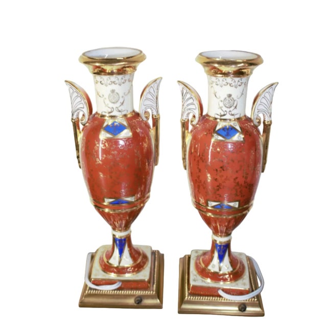 Antique French Sevres Style Hand Painted Porcelain and Brass Electrified Urns Table Lamps - Pair For Sale - Image 4 of 7
