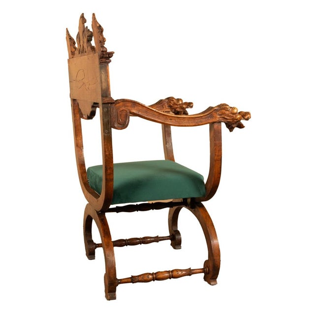 Late 19th Century Antique Renaissance Revival Carved Walnut Green Man Savonarola Chair Circa 1890 For Sale - Image 5 of 17