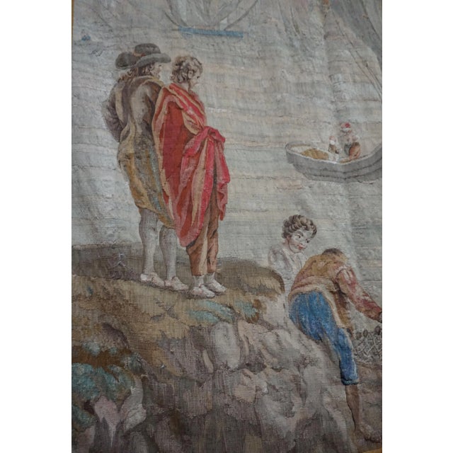 18th Century French Tapestry 100 percent handmade wool and silk. The scene depicts 2 elegantly dressed individuals at the...