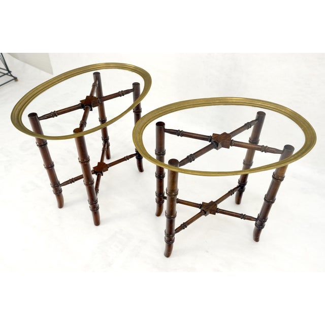 Pair Oval Brass Gallery Glass Top Faux Bamboo Bases End Side Tables Stands MINT For Sale - Image 14 of 16