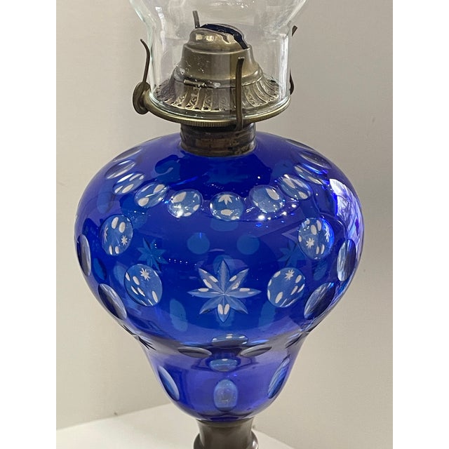 Late 19th Century Cut to Clear Cobalt Blue Oil Lamps W/Brass & Marble Bases - a Pair For Sale In West Palm - Image 6 of 12