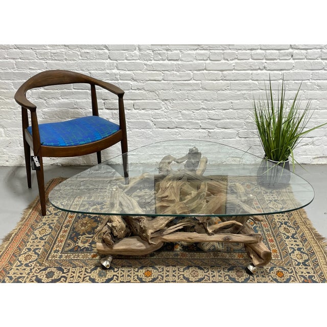 Mid Century Modern Driftwood + Glass Coffee Table | Organic Modern Cocktail Table Castors For Sale - Image 12 of 14