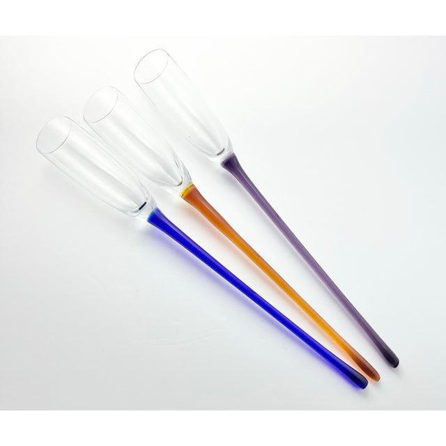 3 Stemless Footless Long Colorful Handles Toasting Champagne Glasses 16 3/4” Good condition. No chips, cracks, or...
