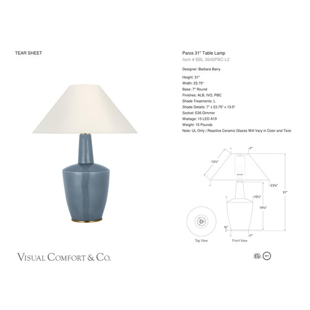 Barbara Barry by Visual Comfort Signature Paros 31" Table Lamp in Polar Blue Crackle with Linen Flare Shade Designer:...