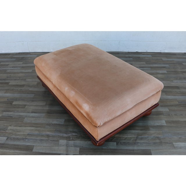 Wood Oversized Vintage Ralph Lauren Tan Leather & Wood Ottoman With Bun Feet For Sale - Image 7 of 18