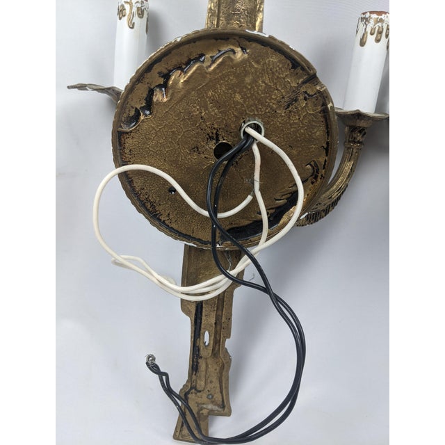 Vintage Ornate Gold-Tone Two-Light Wall Sconces With Shades - Pair For Sale - Image 11 of 18