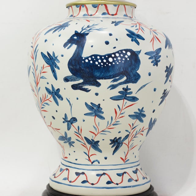 Pair of Vintage Brunschwig & Fils Cadiz Table Lamps - Blue and Cream Ceramic With Boar and Deer Motif For Sale - Image 9 of 15