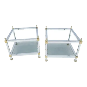 Square Chrome & Brass Smoked Glass Two Tier End Side Tables - A Pair
