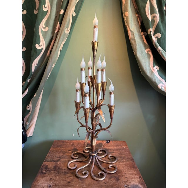 Gold 1960s Large Vintage Italian Gilt Tole Candelabra Lamp — 9 Lights, Hollywood Regency Mid Century For Sale - Image 8 of 8