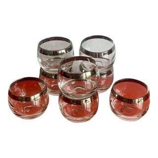 1950s Dorothy Thorpe Hollywood Regency Silver Rim Roly Poly Bar Punch Glasses- Set of 8 For Sale